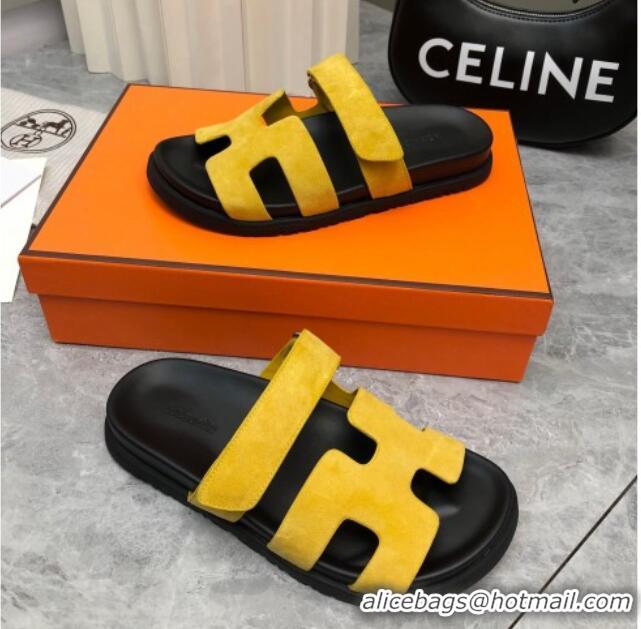 Discount Hermes Chypre Flat Sandals in Suede Yellow/Black 223107