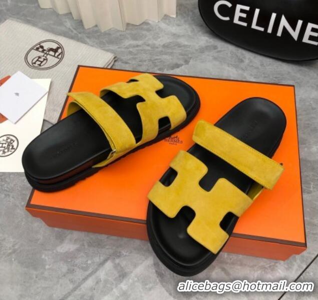 Discount Hermes Chypre Flat Sandals in Suede Yellow/Black 223107