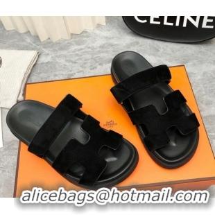 Perfect Hermes Chypre Flat Sandals in Suede All Black 223108