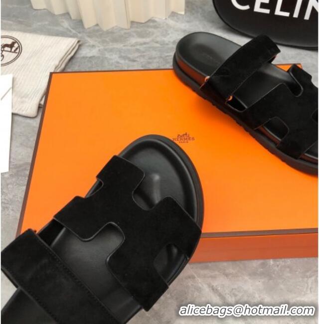 Perfect Hermes Chypre Flat Sandals in Suede All Black 223108