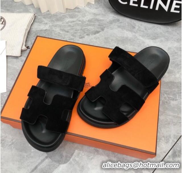 Perfect Hermes Chypre Flat Sandals in Suede All Black 223108