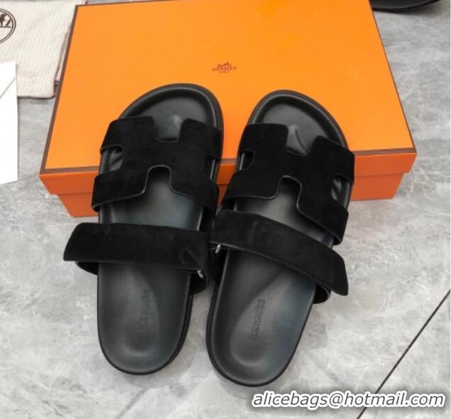 Perfect Hermes Chypre Flat Sandals in Suede All Black 223108