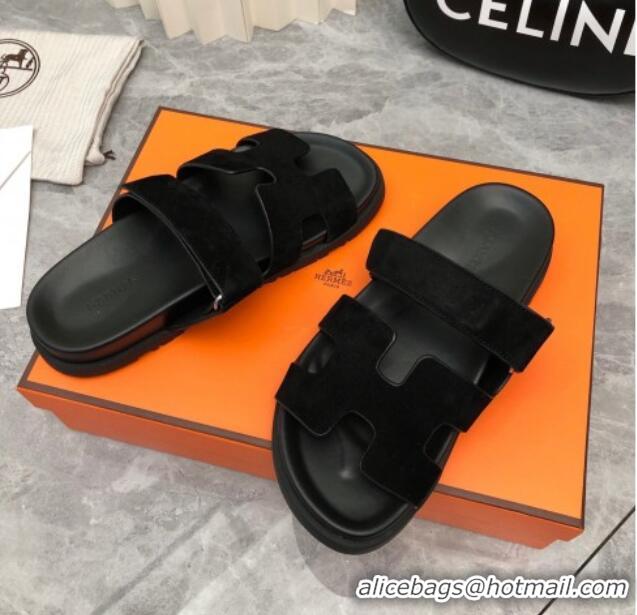 Perfect Hermes Chypre Flat Sandals in Suede All Black 223108