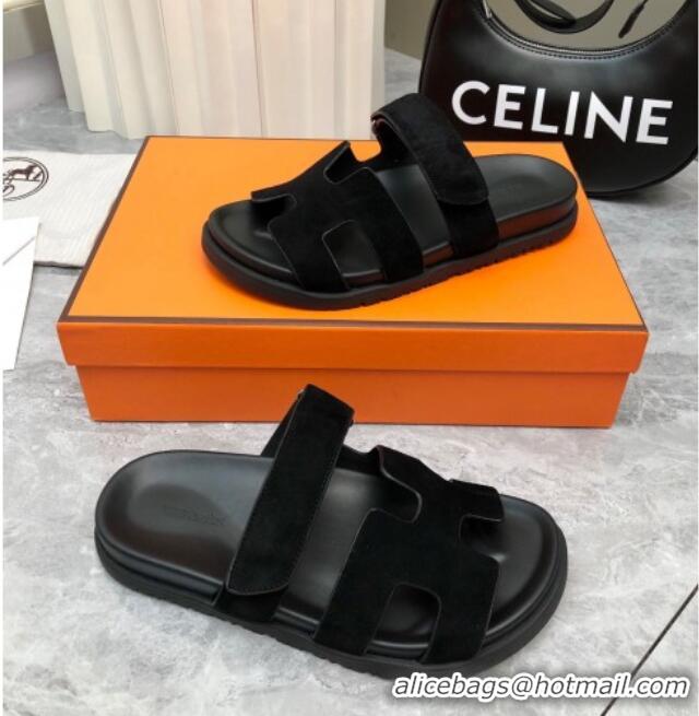 Perfect Hermes Chypre Flat Sandals in Suede All Black 223108