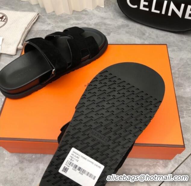 Perfect Hermes Chypre Flat Sandals in Suede All Black 223108