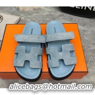 Top Design Hermes Chypre Flat Sandals in Suede Light Blue 223109