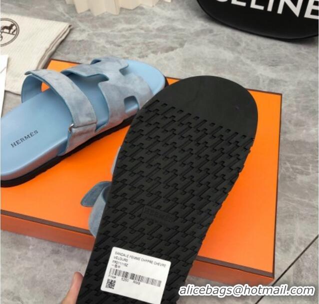 Top Design Hermes Chypre Flat Sandals in Suede Light Blue 223109