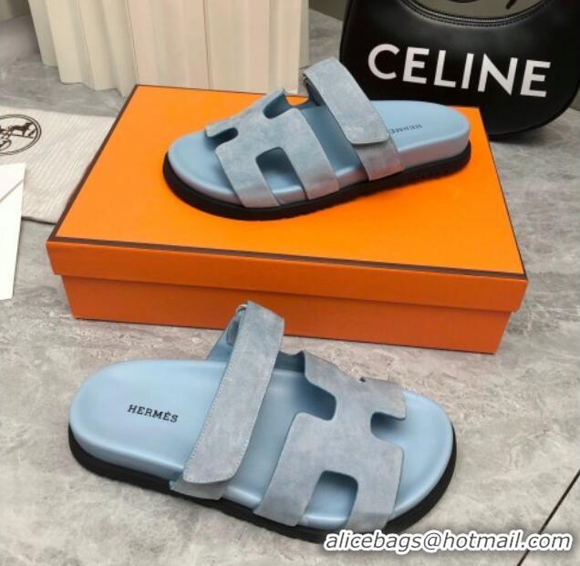 Top Design Hermes Chypre Flat Sandals in Suede Light Blue 223109