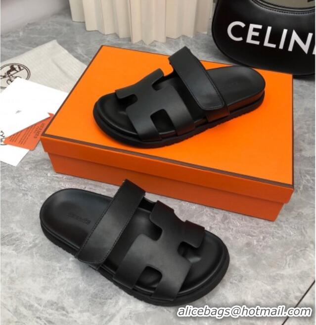 Luxury Hermes Chypre Flat Sandals in Smooth Leather All Black 223111