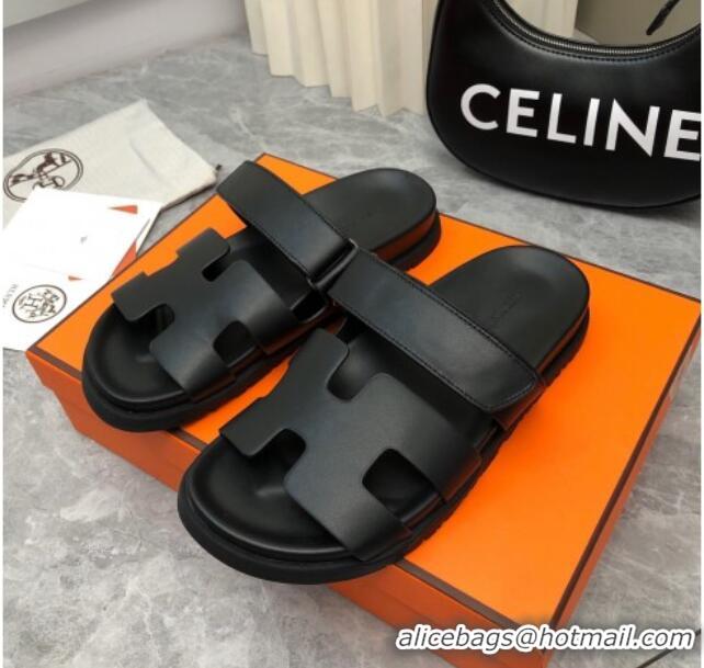 Luxury Hermes Chypre Flat Sandals in Smooth Leather All Black 223111