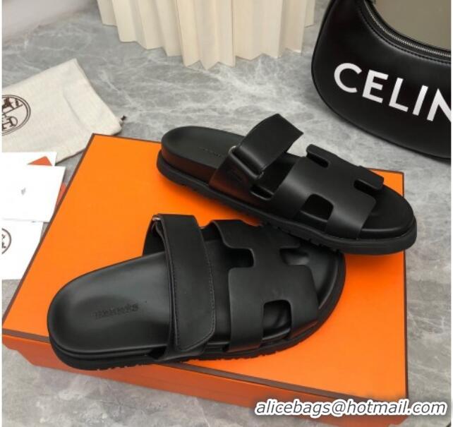 Luxury Hermes Chypre Flat Sandals in Smooth Leather All Black 223111