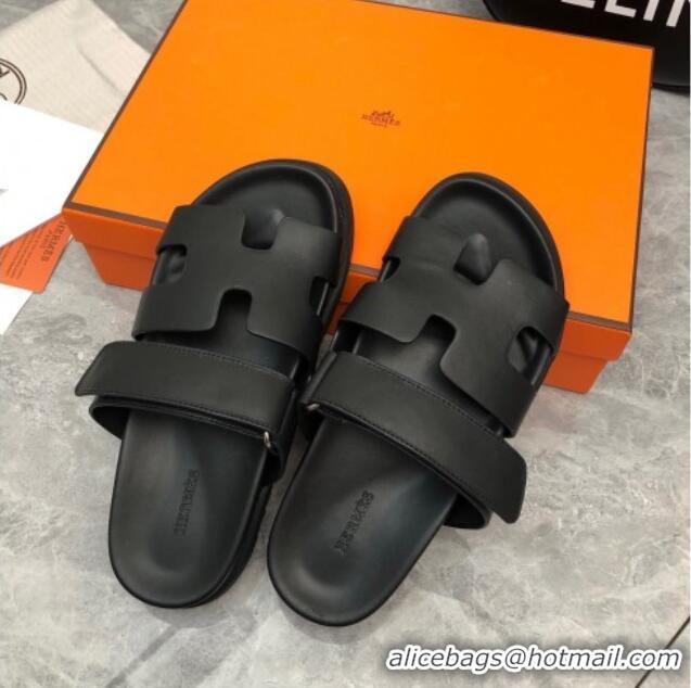 Luxury Hermes Chypre Flat Sandals in Smooth Leather All Black 223111