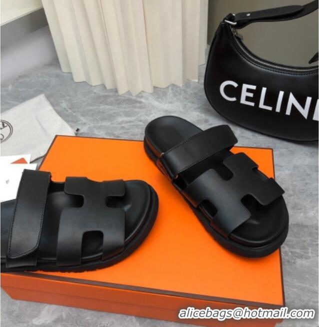 Luxury Hermes Chypre Flat Sandals in Smooth Leather All Black 223111