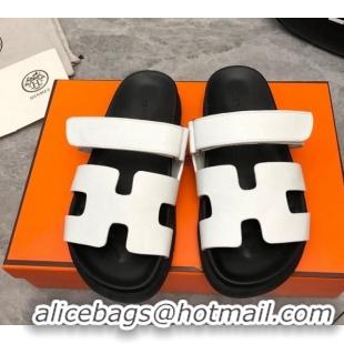 Luxury Cheap Hermes Chypre Flat Sandals in Epsom Leather White/Black 223112