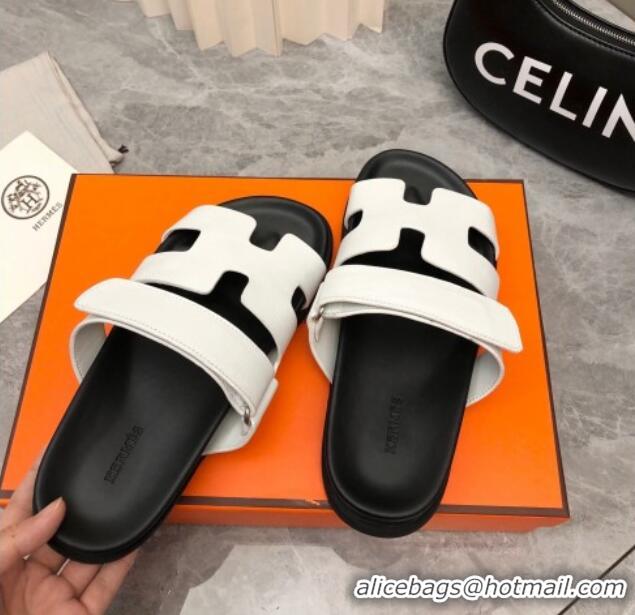 Luxury Cheap Hermes Chypre Flat Sandals in Epsom Leather White/Black 223112