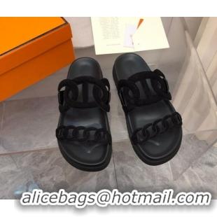 Good Quality Hermes Extra Suede Chain Flat Slide Sandals All Black 223117