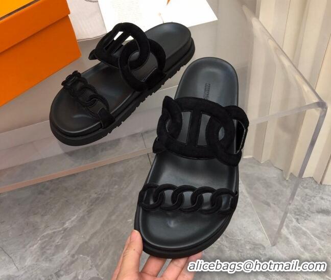 Good Quality Hermes Extra Suede Chain Flat Slide Sandals All Black 223117