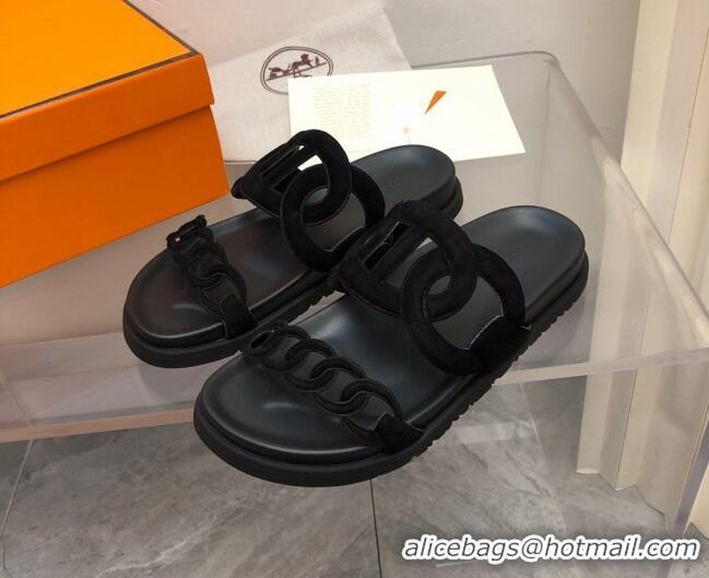 Good Quality Hermes Extra Suede Chain Flat Slide Sandals All Black 223117