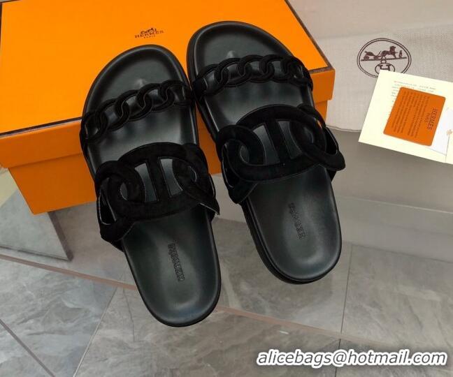 Good Quality Hermes Extra Suede Chain Flat Slide Sandals All Black 223117