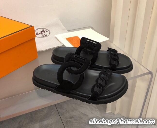 Good Quality Hermes Extra Suede Chain Flat Slide Sandals All Black 223117