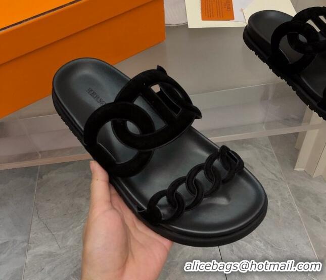 Good Quality Hermes Extra Suede Chain Flat Slide Sandals All Black 223117