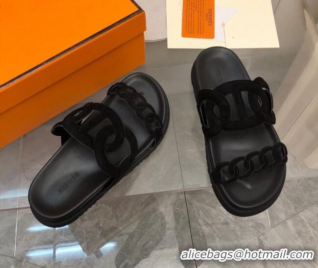 Good Quality Hermes Extra Suede Chain Flat Slide Sandals All Black 223117