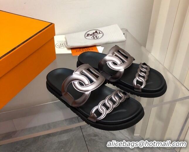 Discount Hermes Extra Metallic Leather Chain Flat Slide Sandals Grey 223113