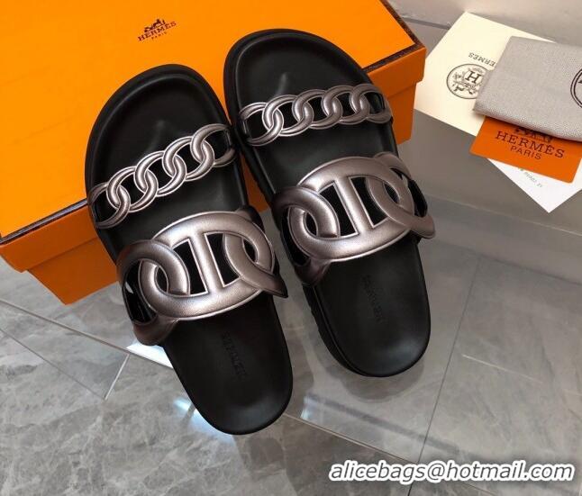 Discount Hermes Extra Metallic Leather Chain Flat Slide Sandals Grey 223113