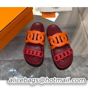 Best Grade Hermes Extra Leather Chain Flat Slide Sandals Orange/Red/Burgundy 0223114