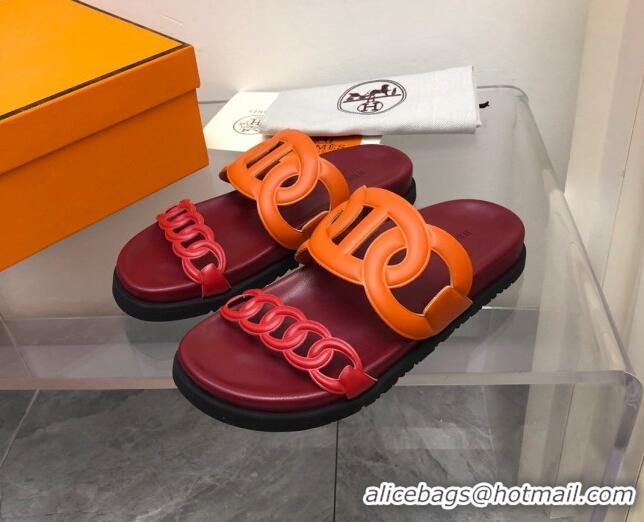 Best Grade Hermes Extra Leather Chain Flat Slide Sandals Orange/Red/Burgundy 0223114