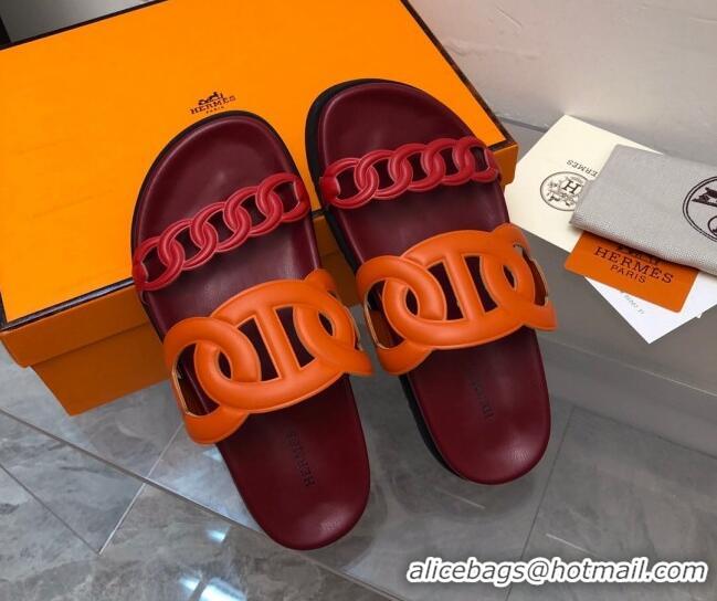 Best Grade Hermes Extra Leather Chain Flat Slide Sandals Orange/Red/Burgundy 0223114