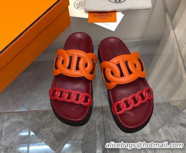 Best Grade Hermes Extra Leather Chain Flat Slide Sandals Orange/Red/Burgundy 0223114