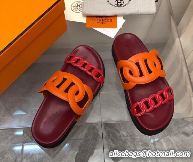 Best Grade Hermes Extra Leather Chain Flat Slide Sandals Orange/Red/Burgundy 0223114