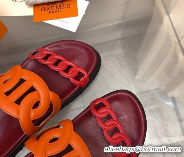 Best Grade Hermes Extra Leather Chain Flat Slide Sandals Orange/Red/Burgundy 0223114