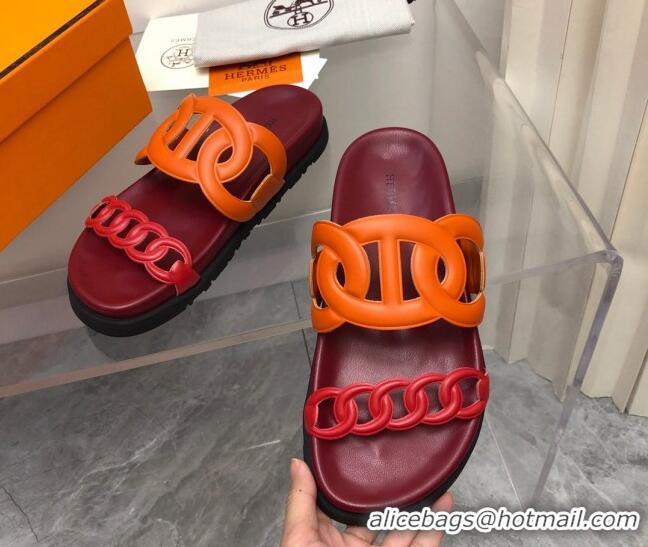 Best Grade Hermes Extra Leather Chain Flat Slide Sandals Orange/Red/Burgundy 0223114