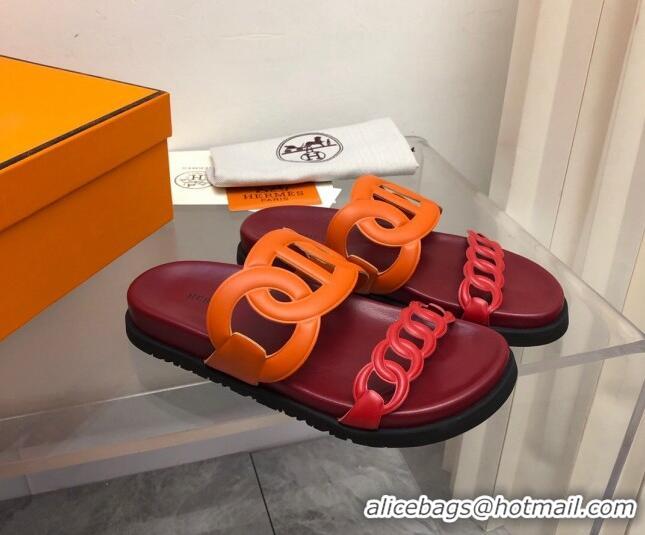 Best Grade Hermes Extra Leather Chain Flat Slide Sandals Orange/Red/Burgundy 0223114