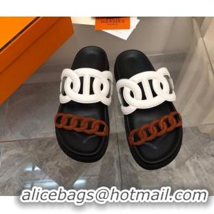 Duplicate Hermes Extra Leather and Suede Chain Flat Slide Sandals White/Black/Brown 223115