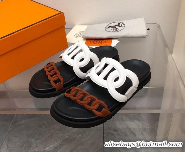 Duplicate Hermes Extra Leather and Suede Chain Flat Slide Sandals White/Black/Brown 223115