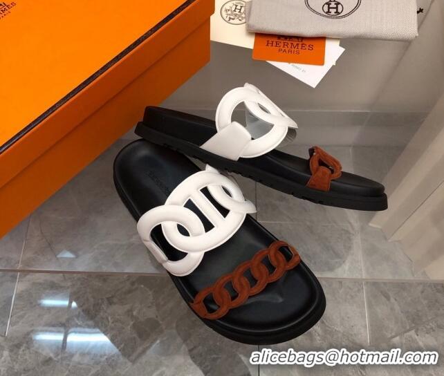 Duplicate Hermes Extra Leather and Suede Chain Flat Slide Sandals White/Black/Brown 223115