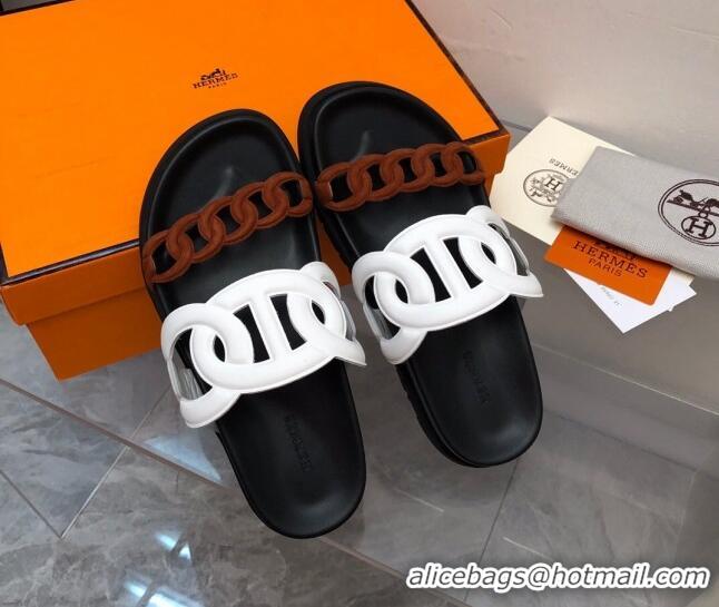 Duplicate Hermes Extra Leather and Suede Chain Flat Slide Sandals White/Black/Brown 223115