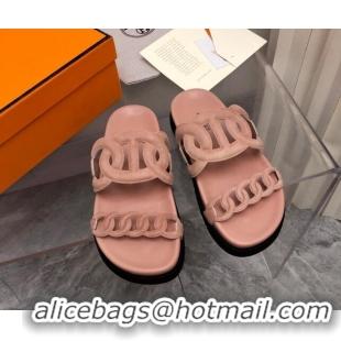 Grade Quality Hermes Extra Suede Chain Flat Slide Sandals Light Pink 0223116