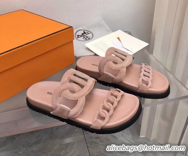 Grade Quality Hermes Extra Suede Chain Flat Slide Sandals Light Pink 0223116