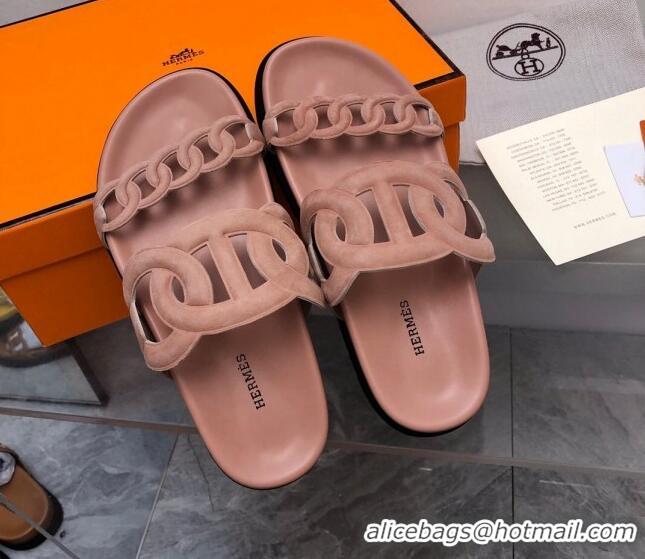 Grade Quality Hermes Extra Suede Chain Flat Slide Sandals Light Pink 0223116