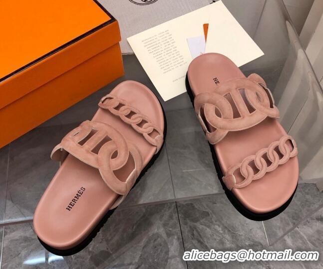 Grade Quality Hermes Extra Suede Chain Flat Slide Sandals Light Pink 0223116