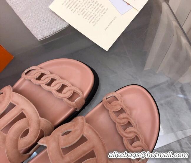 Grade Quality Hermes Extra Suede Chain Flat Slide Sandals Light Pink 0223116