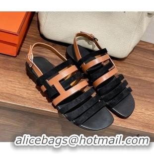 Top Grade Hermes Ephese Strap Flat Sandals in Swift Leather and Suede Brown/Black 022401