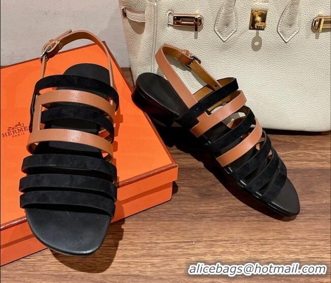 Top Grade Hermes Ephese Strap Flat Sandals in Swift Leather and Suede Brown/Black 022401