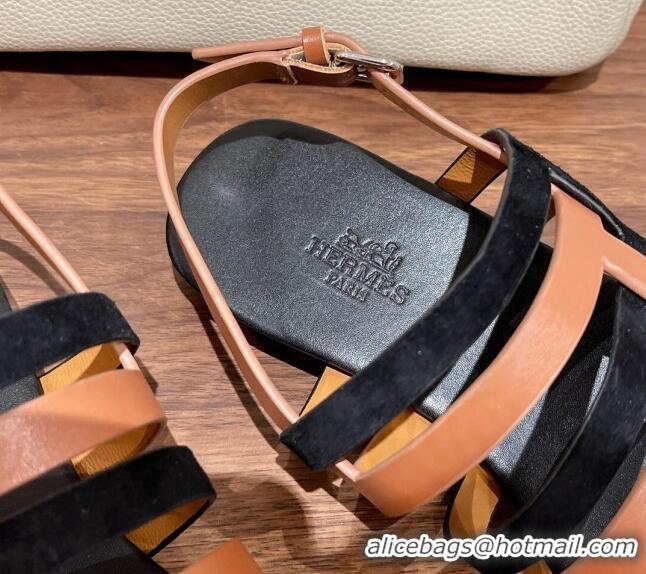 Top Grade Hermes Ephese Strap Flat Sandals in Swift Leather and Suede Brown/Black 022401