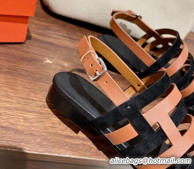 Top Grade Hermes Ephese Strap Flat Sandals in Swift Leather and Suede Brown/Black 022401