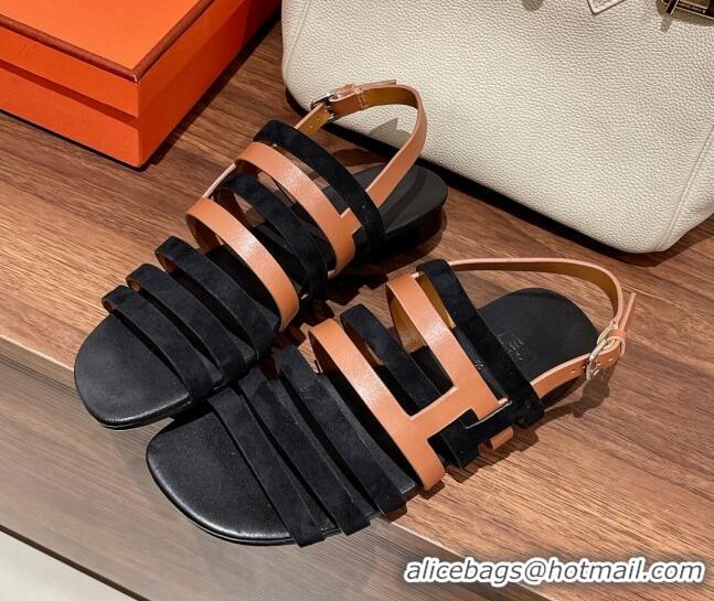 Top Grade Hermes Ephese Strap Flat Sandals in Swift Leather and Suede Brown/Black 022401